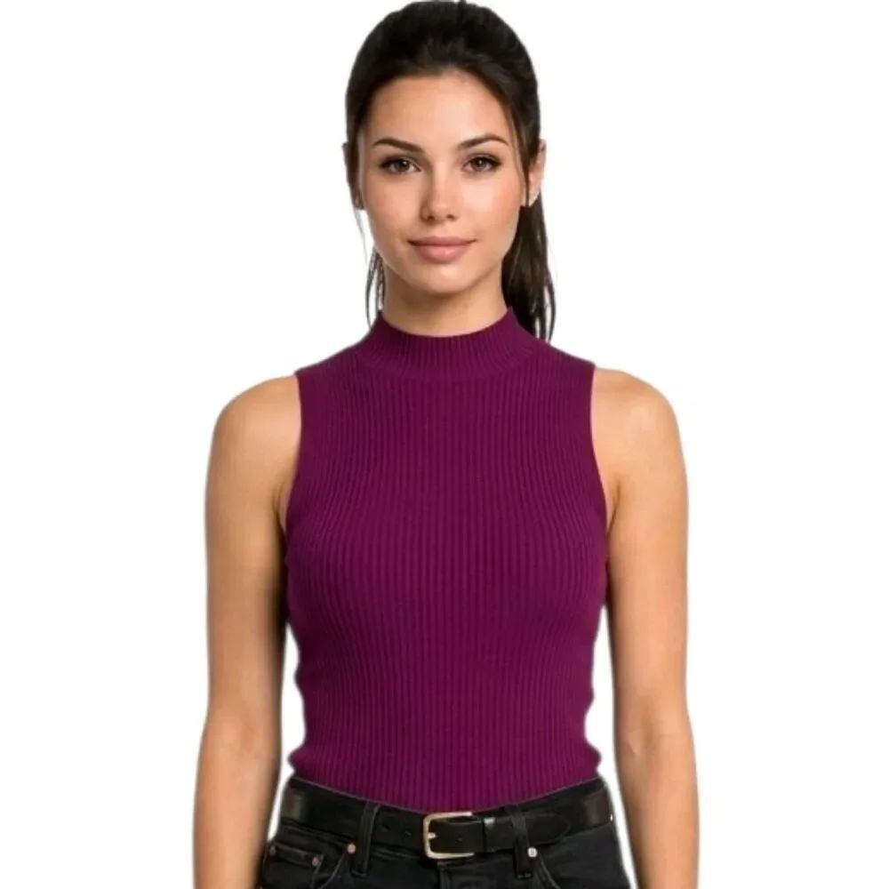 Michael Stars Kara Plum Ribbed Mock Neck Knit Top Size M